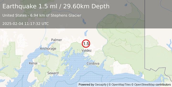 Earthquake 34 km N of Valdez, Alaska (1.5 ml) (2025-02-04 11:17:32 UTC)