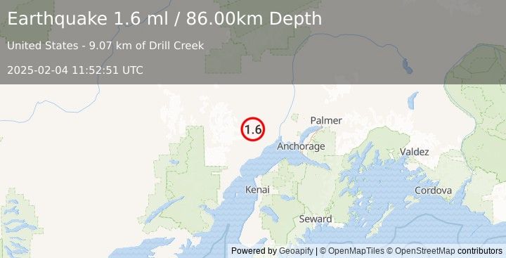 Earthquake 40 km NNW of Beluga, Alaska (1.6 ml) (2025-02-04 11:52:51 UTC)