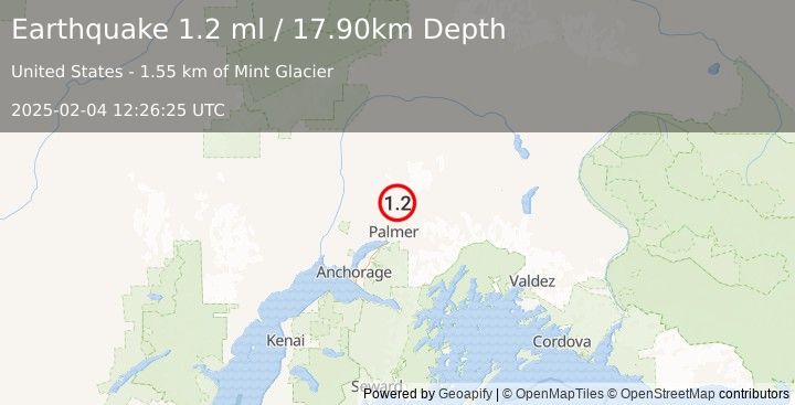 Earthquake 17 km NW of Sutton-Alpine, Alaska (1.2 ml) (2025-02-04 12:26:25 UTC)