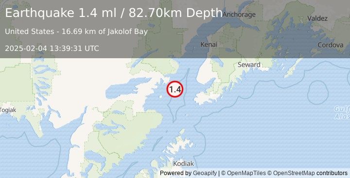 Earthquake 53 km WNW of Nanwalek, Alaska (1.4 ml) (2025-02-04 13:39:31 UTC)