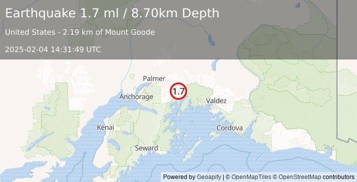 Earthquake 49 km ESE of Knik River, Alaska (1.7 ml) (2025-02-04 14:31:49 UTC)