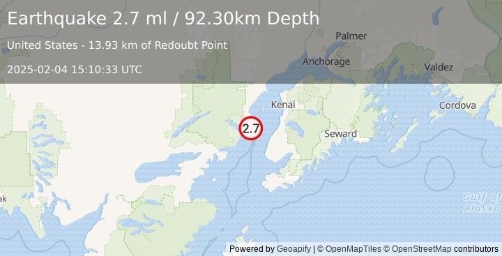 Earthquake 36 km WNW of Ninilchik, Alaska (2.7 ml) (2025-02-04 15:10:33 UTC)