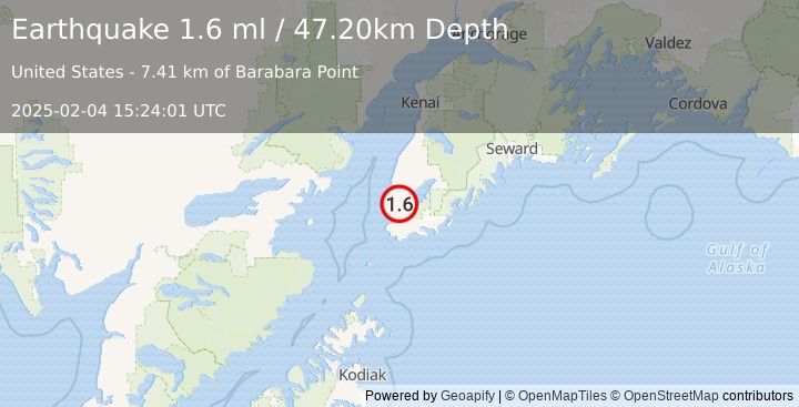 Earthquake 8 km N of Seldovia Village, Alaska (1.6 ml) (2025-02-04 15:24:01 UTC)