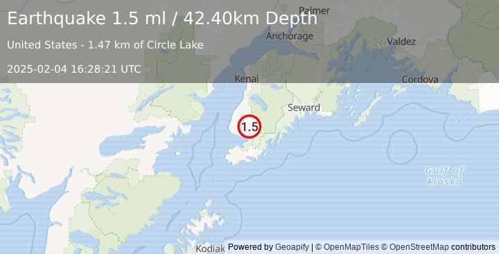 Earthquake 9 km NE of Fritz Creek, Alaska (1.5 ml) (2025-02-04 16:28:21 UTC)