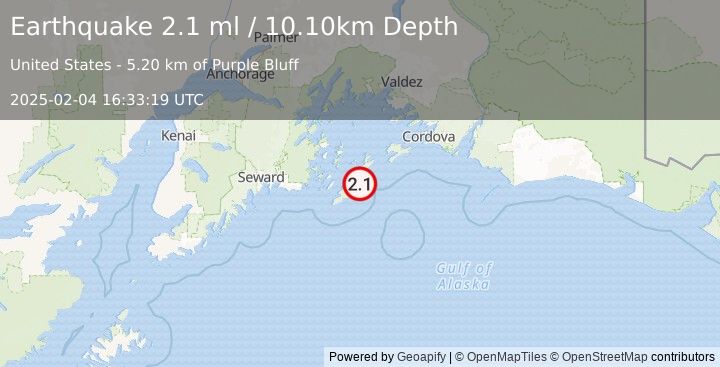 Earthquake 41 km E of Chenega, Alaska (2.1 ml) (2025-02-04 16:33:19 UTC)