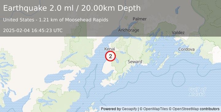 Earthquake 6 km SE of Kasilof, Alaska (2.0 ml) (2025-02-04 16:45:23 UTC)