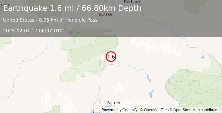 Earthquake 34 km SSW of Cantwell, Alaska (1.6 ml) (2025-02-04 17:06:07 UTC)