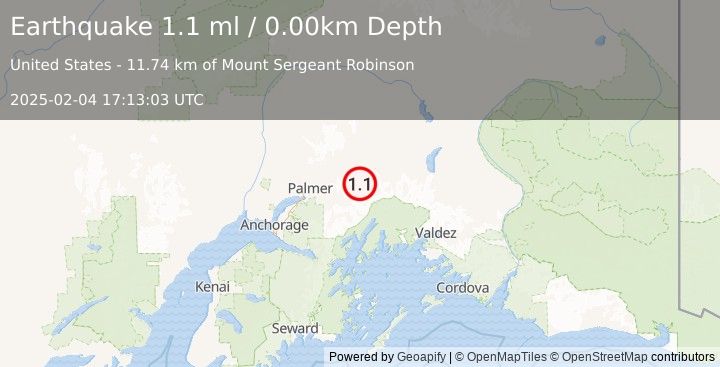 Earthquake 26 km SW of Glacier View, Alaska (1.1 ml) (2025-02-04 17:13:03 UTC)