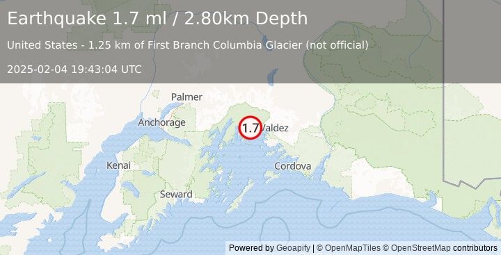 Earthquake 37 km NW of Tatitlek, Alaska (1.7 ml) (2025-02-04 19:43:04 UTC)