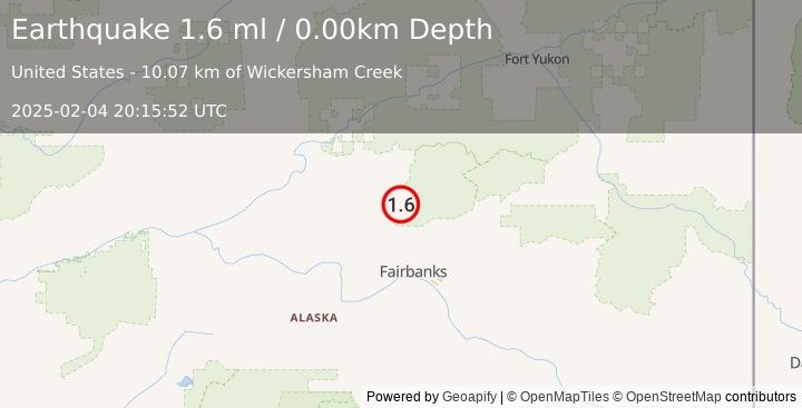 Earthquake 30 km ESE of Livengood, Alaska (1.6 ml) (2025-02-04 20:15:52 UTC)