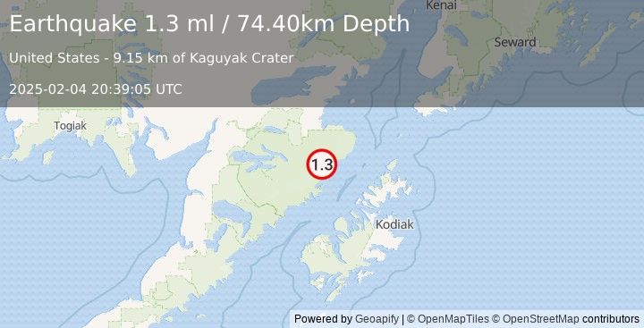 Earthquake 93 km NW of Aleneva, Alaska (1.3 ml) (2025-02-04 20:39:05 UTC)