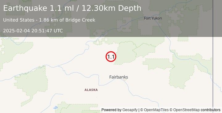 Earthquake 15 km ESE of Livengood, Alaska (1.1 ml) (2025-02-04 20:51:47 UTC)