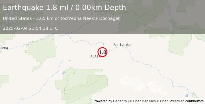 Earthquake 4 km WSW of Four Mile Road, Alaska (1.8 ml) (2025-02-04 21:54:18 UTC)