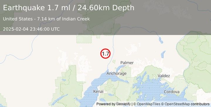 Earthquake 36 km ESE of Skwentna, Alaska (1.7 ml) (2025-02-04 23:46:00 UTC)