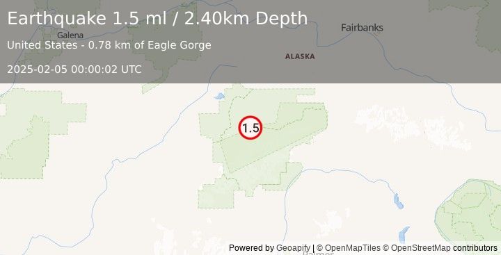 Earthquake 25 km ESE of Denali National Park, Alaska (1.5 ml) (2025-02-05 00:00:02 UTC)