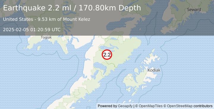 Earthquake 55 km SE of King Salmon, Alaska (2.2 ml) (2025-02-05 01:20:59 UTC)