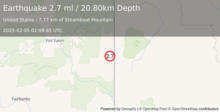 Earthquake 123 km ESE of Chalkyitsik, Alaska (2.7 ml) (2025-02-05 02:08:45 UTC)