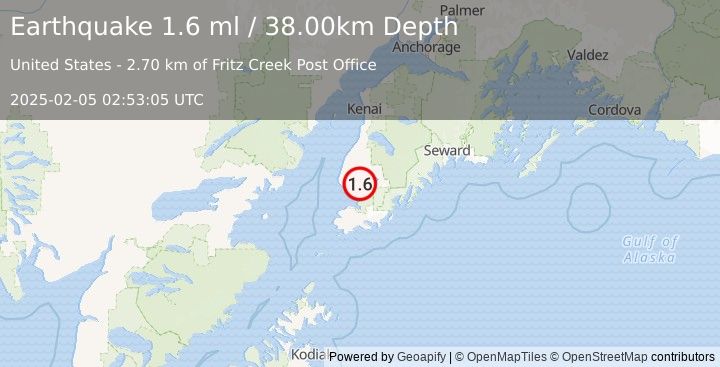 Earthquake 3 km W of Fritz Creek, Alaska (1.6 ml) (2025-02-05 02:53:05 UTC)