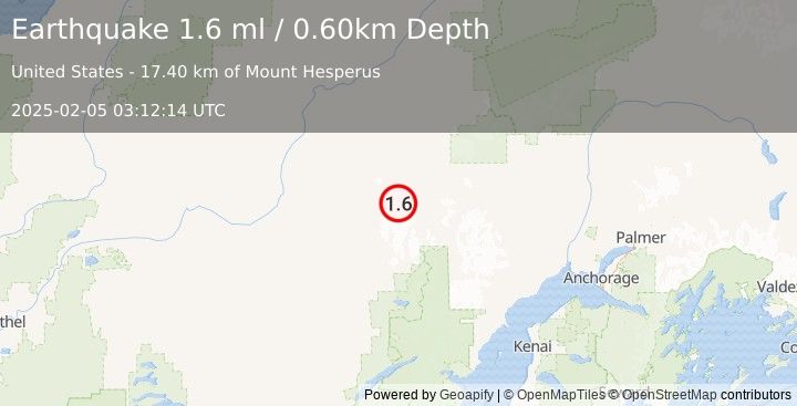 Earthquake 102 km NE of Lime Village, Alaska (1.6 ml) (2025-02-05 03:12:14 UTC)