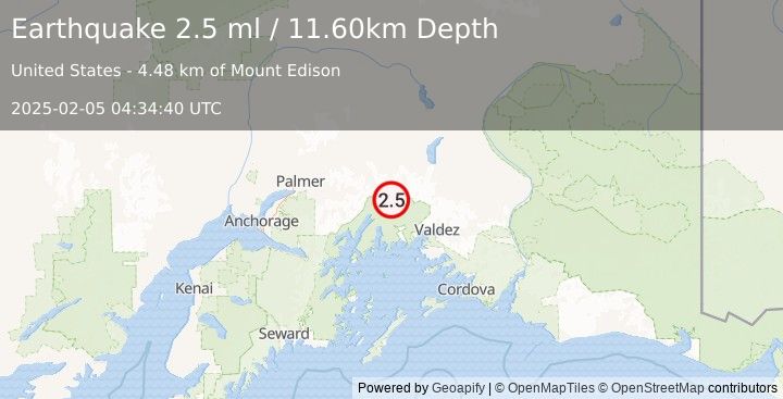 Earthquake 47 km SSE of Glacier View, Alaska (2.5 ml) (2025-02-05 04:34:40 UTC)