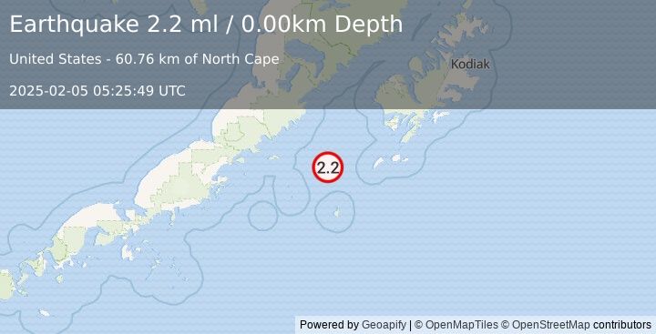 Earthquake 116 km WSW of Akhiok, Alaska (2.2 ml) (2025-02-05 05:25:49 UTC)