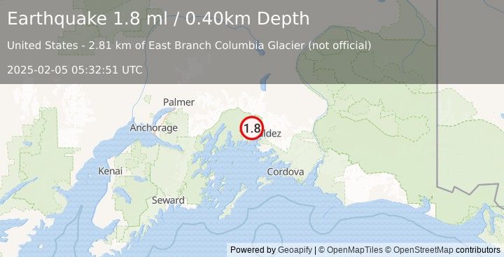 Earthquake 26 km WNW of Valdez, Alaska (1.8 ml) (2025-02-05 05:32:51 UTC)