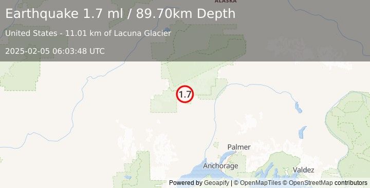 Earthquake 38 km WNW of Petersville, Alaska (1.7 ml) (2025-02-05 06:03:48 UTC)