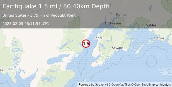 Earthquake 46 km NW of Ninilchik, Alaska (1.5 ml) (2025-02-05 06:11:54 UTC)