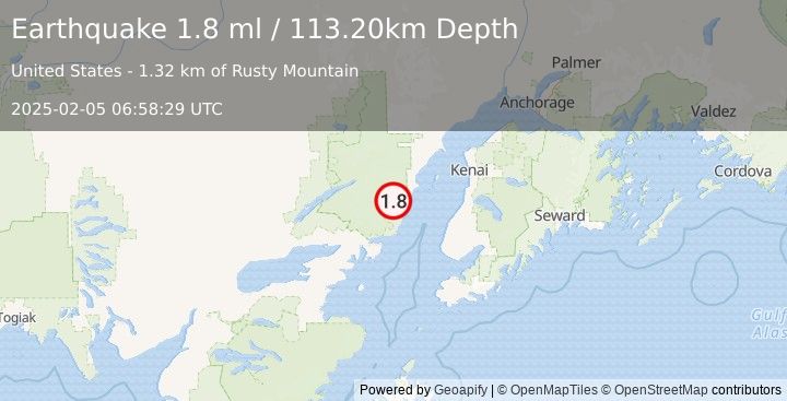 Earthquake 65 km WNW of Ninilchik, Alaska (1.8 ml) (2025-02-05 06:58:29 UTC)