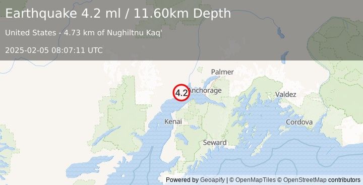 Earthquake 10 km ENE of Beluga, Alaska (4.2 ml) (2025-02-05 08:07:11 UTC)