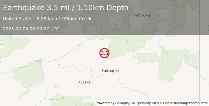 Earthquake 22 km SE of Livengood, Alaska (3.5 ml) (2025-02-05 08:09:27 UTC)