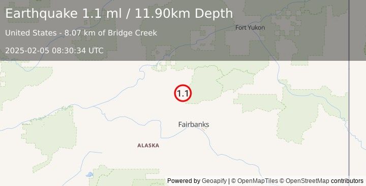 Earthquake 21 km SE of Livengood, Alaska (1.1 ml) (2025-02-05 08:30:34 UTC)