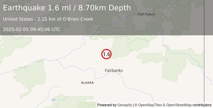 Earthquake 23 km SE of Livengood, Alaska (1.6 ml) (2025-02-05 09:45:06 UTC)