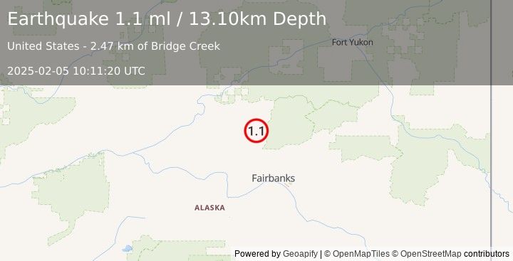 Earthquake 16 km ESE of Livengood, Alaska (1.1 ml) (2025-02-05 10:11:20 UTC)