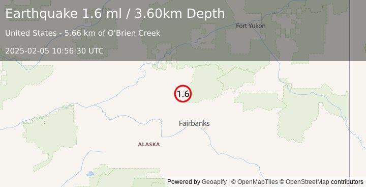 Earthquake 23 km SE of Livengood, Alaska (1.6 ml) (2025-02-05 10:56:30 UTC)