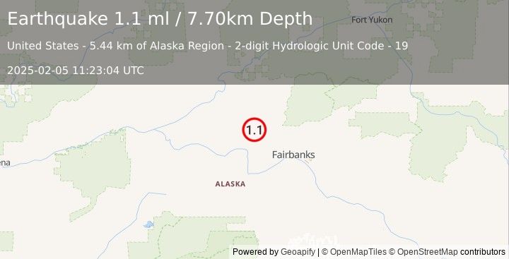 Earthquake 19 km E of Minto, Alaska (1.1 ml) (2025-02-05 11:23:04 UTC)