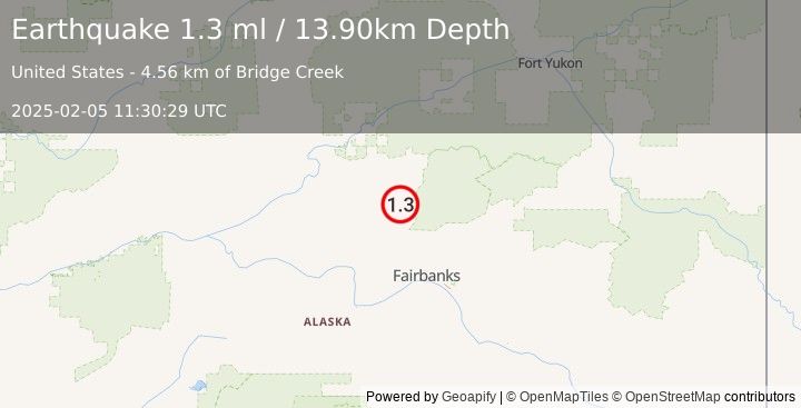 Earthquake 18 km SE of Livengood, Alaska (1.3 ml) (2025-02-05 11:30:29 UTC)