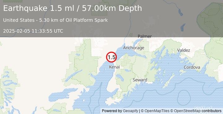 Earthquake 24 km NNW of Nikiski, Alaska (1.5 ml) (2025-02-05 11:33:55 UTC)