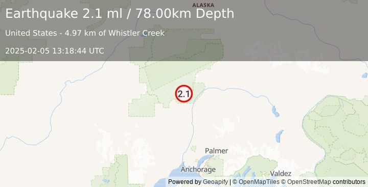 Earthquake 31 km NNE of Petersville, Alaska (2.1 ml) (2025-02-05 13:18:44 UTC)