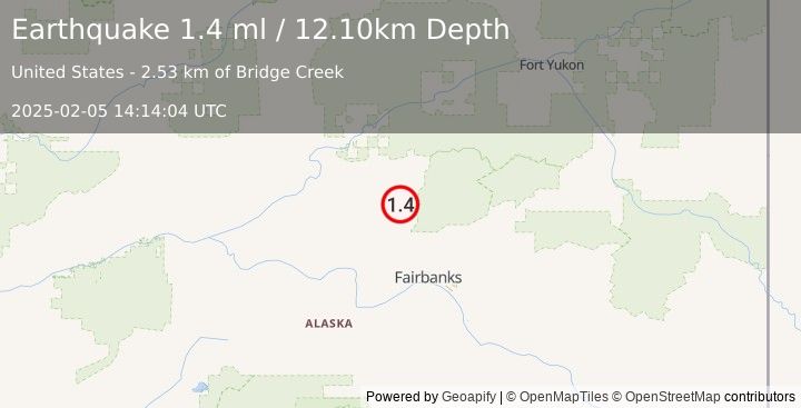 Earthquake 15 km SE of Livengood, Alaska (1.4 ml) (2025-02-05 14:14:04 UTC)