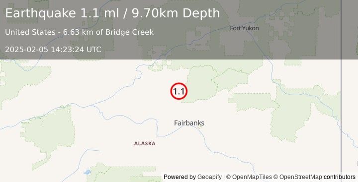 Earthquake 20 km ESE of Livengood, Alaska (1.1 ml) (2025-02-05 14:23:24 UTC)