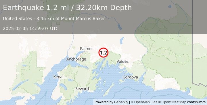 Earthquake 40 km SSW of Glacier View, Alaska (1.2 ml) (2025-02-05 14:59:07 UTC)