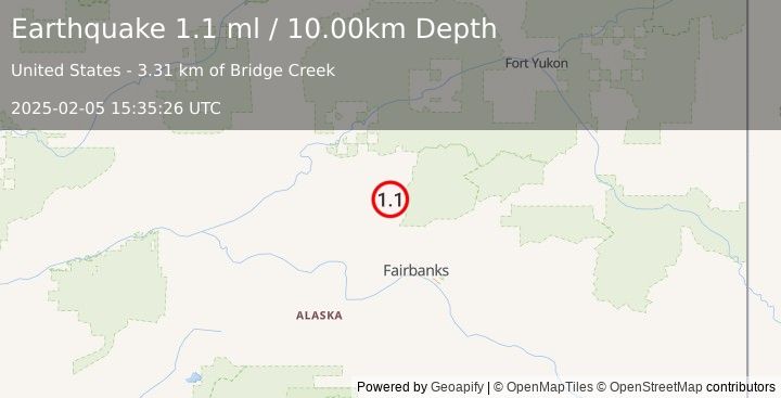 Earthquake 17 km ESE of Livengood, Alaska (1.1 ml) (2025-02-05 15:35:26 UTC)