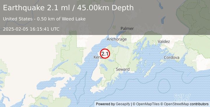 Earthquake 16 km N of Sterling, Alaska (2.1 ml) (2025-02-05 16:15:41 UTC)