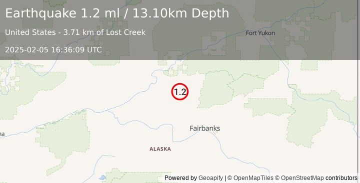 Earthquake 12 km W of Livengood, Alaska (1.2 ml) (2025-02-05 16:36:09 UTC)