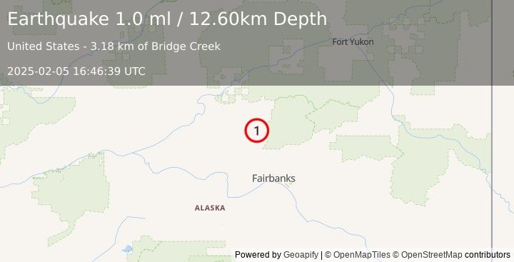 Earthquake 17 km ESE of Livengood, Alaska (1.0 ml) (2025-02-05 16:46:39 UTC)