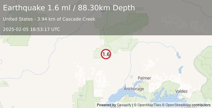 Earthquake 58 km NNW of Skwentna, Alaska (1.6 ml) (2025-02-05 16:53:17 UTC)