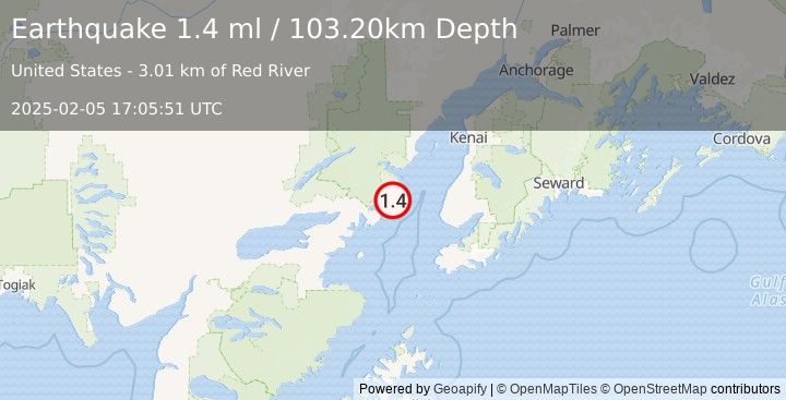 Earthquake 55 km WNW of Anchor Point, Alaska (1.4 ml) (2025-02-05 17:05:51 UTC)