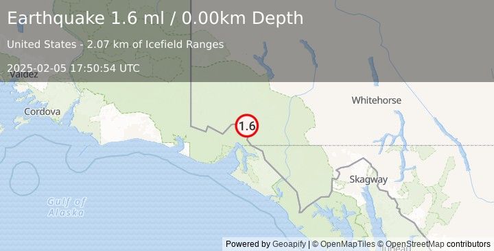 Earthquake 90 km NNE of Yakutat, Alaska (1.6 ml) (2025-02-05 17:50:54 UTC)