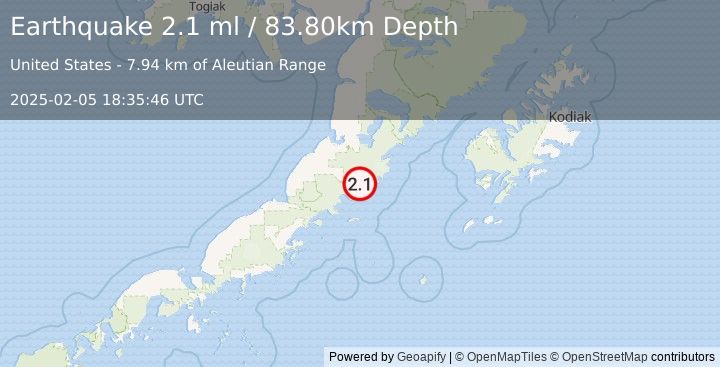 Earthquake 61 km SSE of Ugashik, Alaska (2.1 ml) (2025-02-05 18:35:46 UTC)